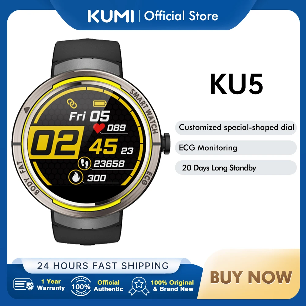 KUMI KU5 Men Smart Watch BMI+ECG Monitor Heart Rate Blood Pressure Monitoring Waterproof Bluetooth5.0 for IOS Android Smartwatch