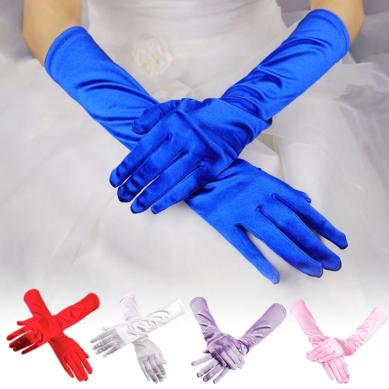 

1pair Women's Evening Party Formal Gloves Solid Color Satin Long Finger Mittens For Wedding Events Fashion Wedding Long Gloves