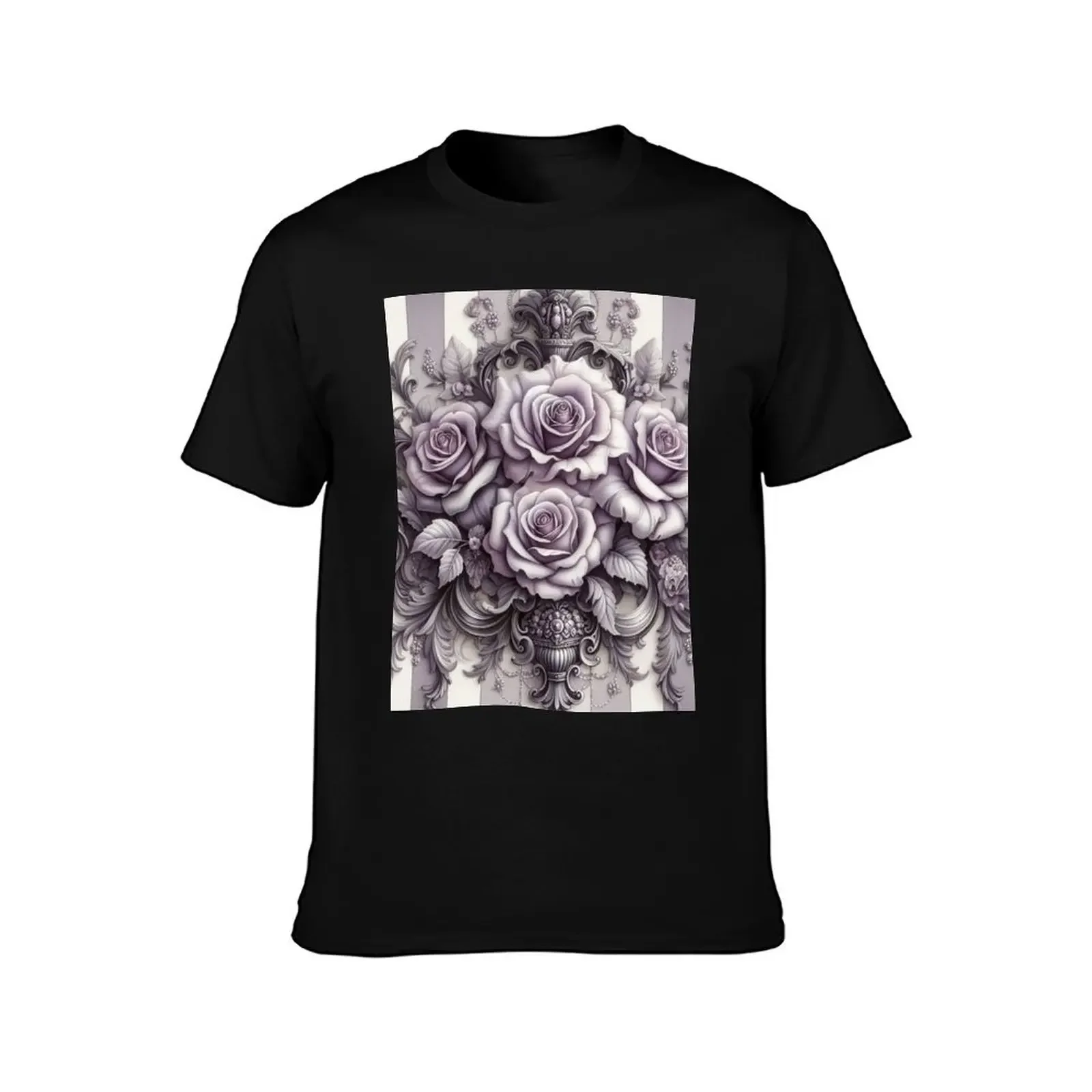 Lilac Grey Striped & Dusty Purple Baroque Roses T-Shirt baggy shirts vintage anime shirt kawaii clothes men tshirt