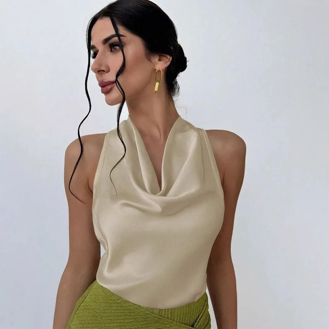 

2025 Elegant Women's Halter Neck Shirt Sleeveless Satin Sexy Bow Stylish Pullover Top Office Commut Vest for Female