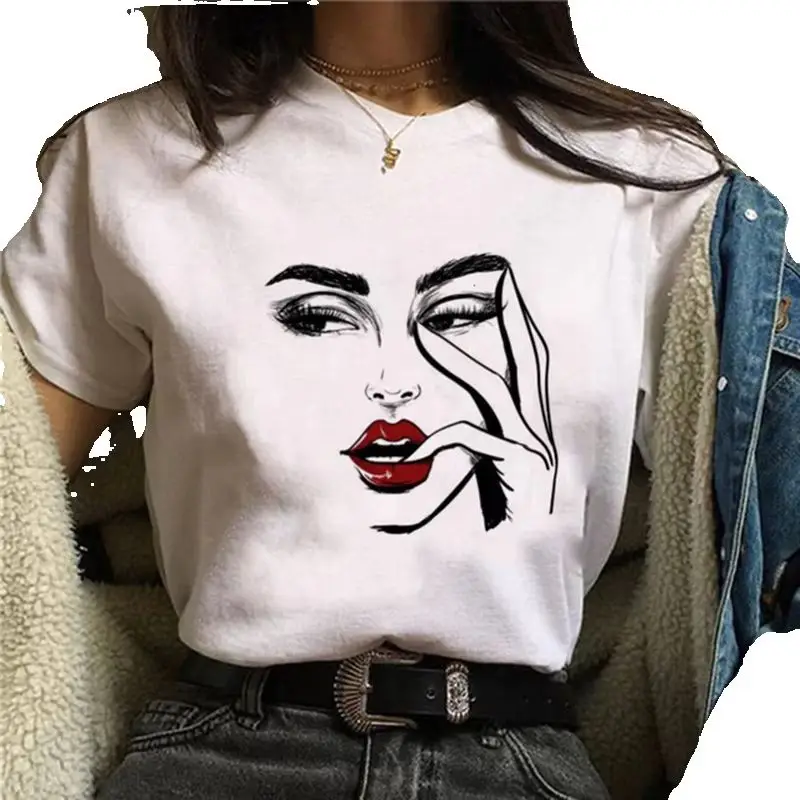 

Europe United States Fashion Face Sexy Lines Face Printed Short-sleeved T-shirt Personality Women's Summer polyester fabric