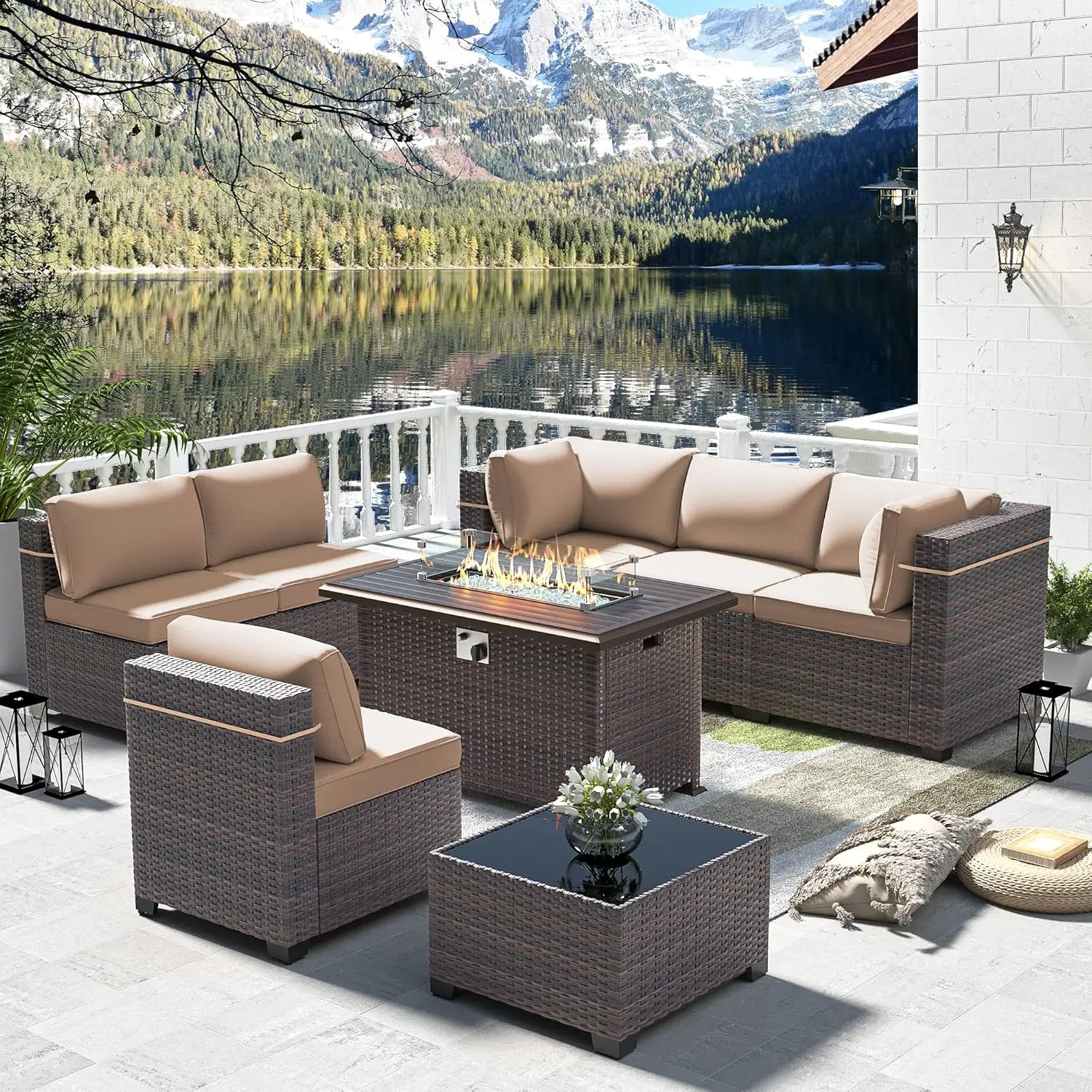 

8Pcs Outdoor Patio Furniture Set w/ Gas Fire Pit Table, Sectional Sofa w/43in Propane Fire Pit, 55,000 BTU Auto-Ignition Firepit