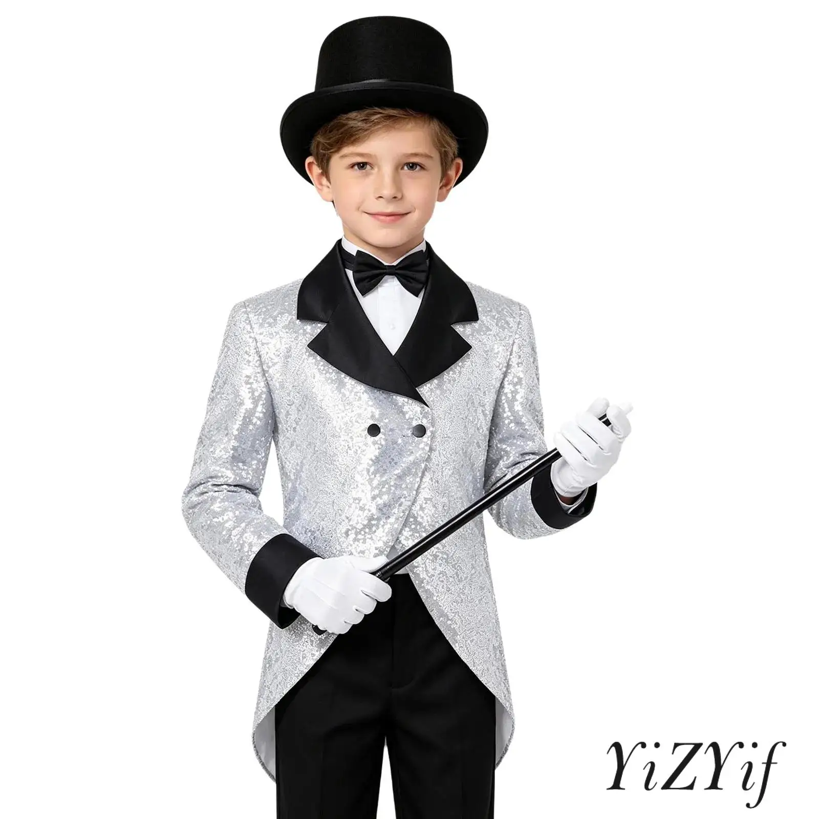 

Kids Boys Magician Costumes Long Sleeve Double-breasted Sequin Tailcoat Jacket with Bowtie Hat Gloves and Wands for Jazz Dance