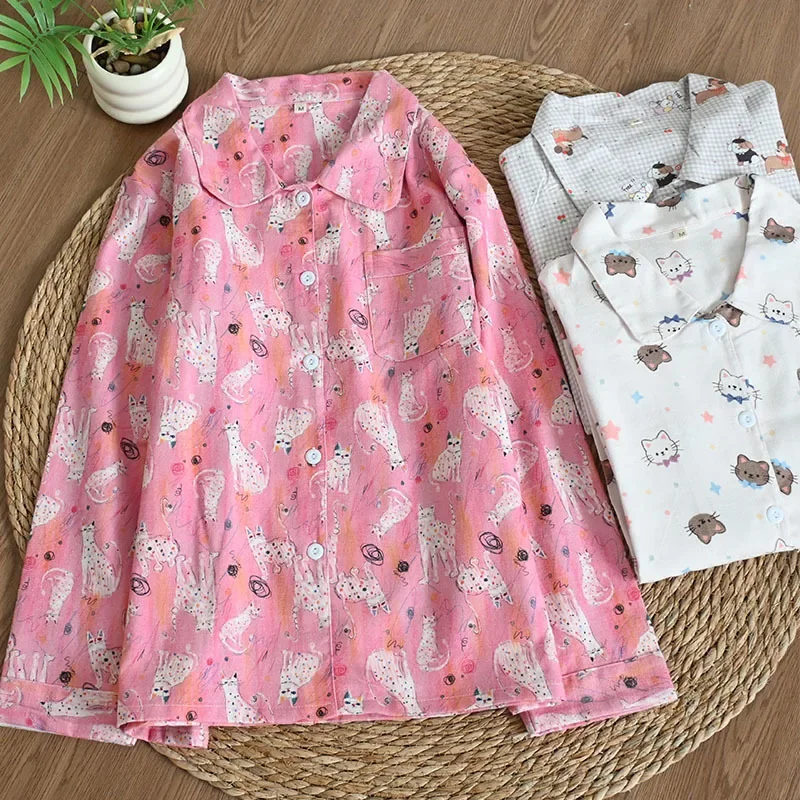 

Kawaii 2 шт., одежда для сна, женская домашняя одежда с длинными рукавами, пижамный комплект с мультяшным принтом, верхняя одежда, ночная рубашка, женская осенняя мягкая домашняя одежда