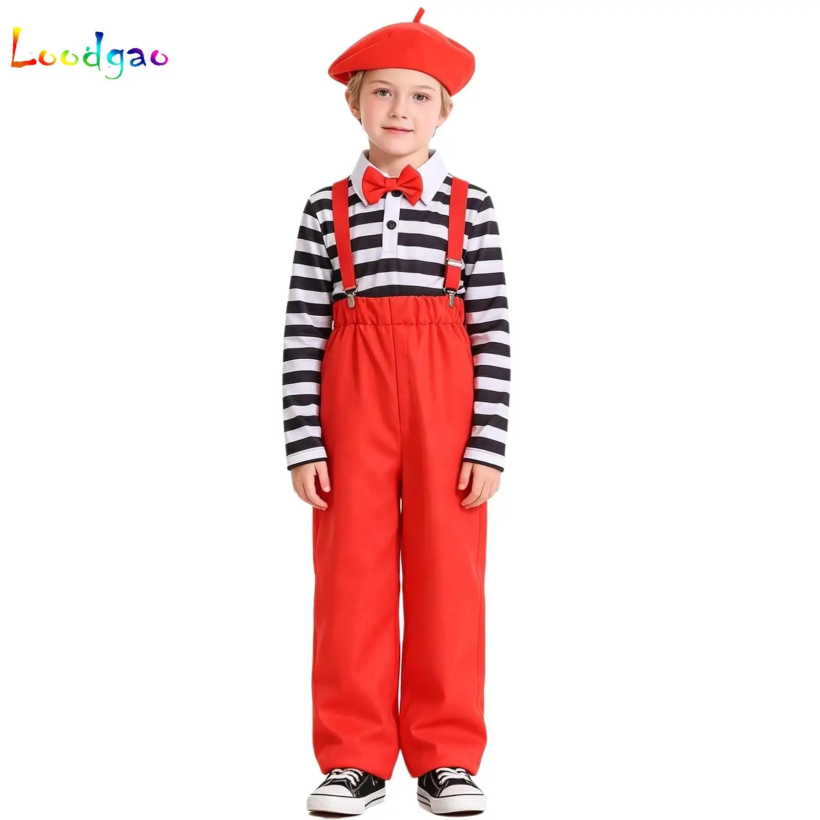 Boys Black Striped Top Red Overalls Clown Cosplay Funny Stage Costume School Reading Week Party Performance Frame Drama Clothing