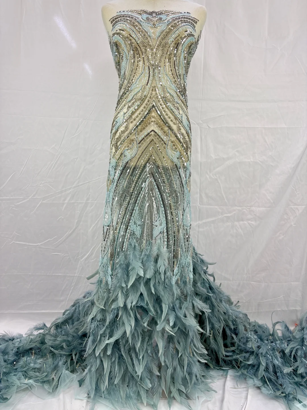 2026 Popular Luxury Soft Mesh Feather  Lace Fabric with Sparkling Stones–Ideal for Wedding Party Dresses U_Ge9168