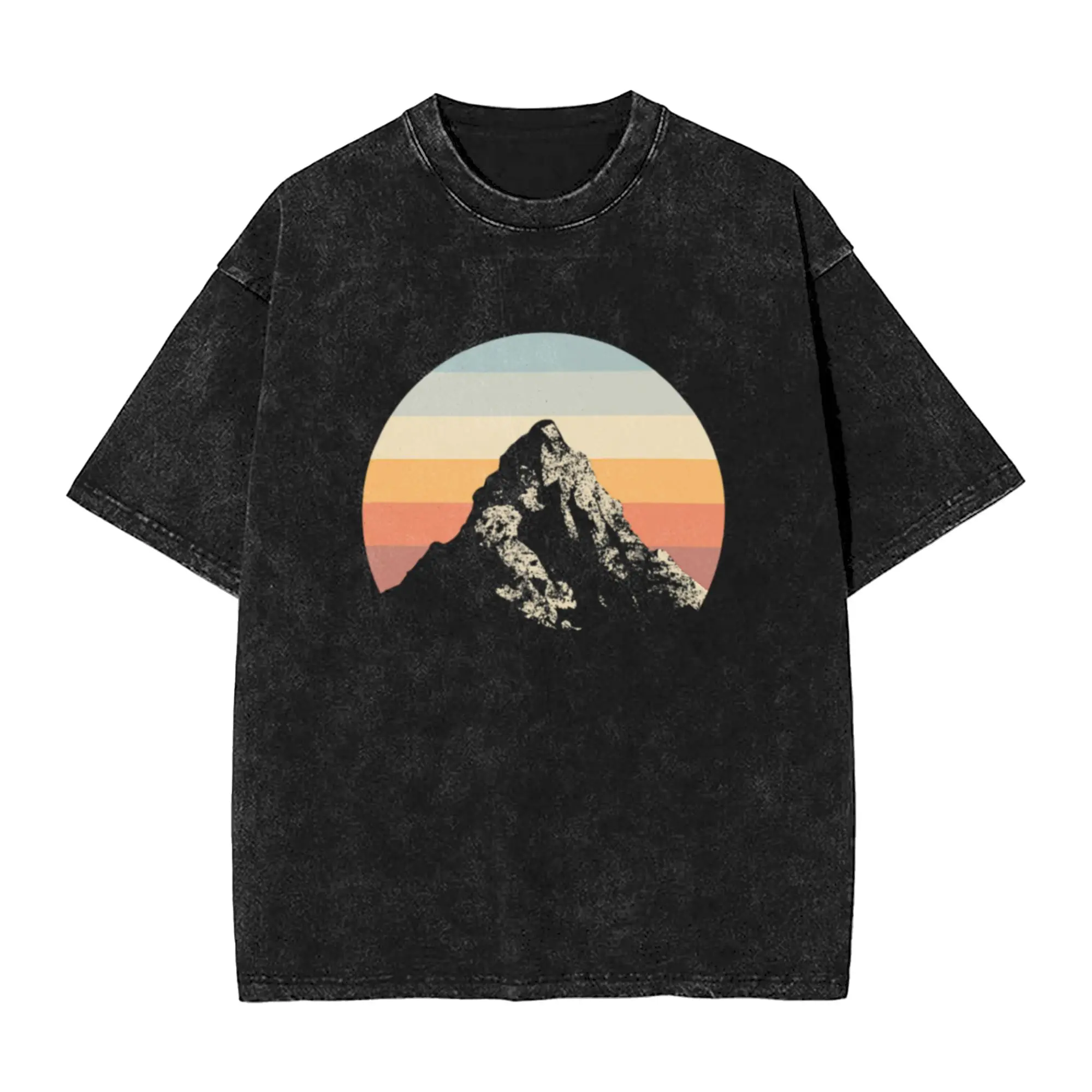 Mountain Sunset Circle Rainbow Outdoors Nature Hiking Lover Gifts A Washed T Shirt Men's Women's Oversized Cotton Tees Tops