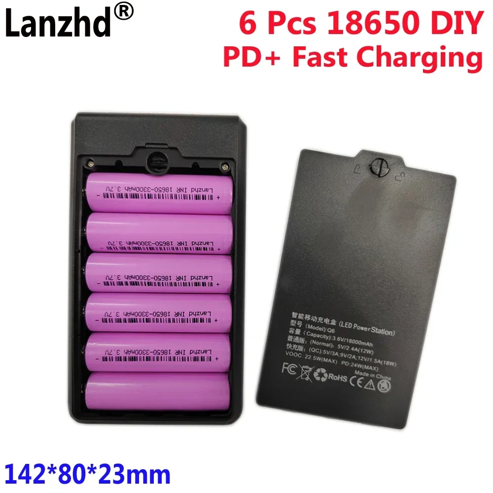 

18650 mobile power sleeve charging For bank housing battery box + 6 pcs 3300mAh 18650 battery Removable weld-free