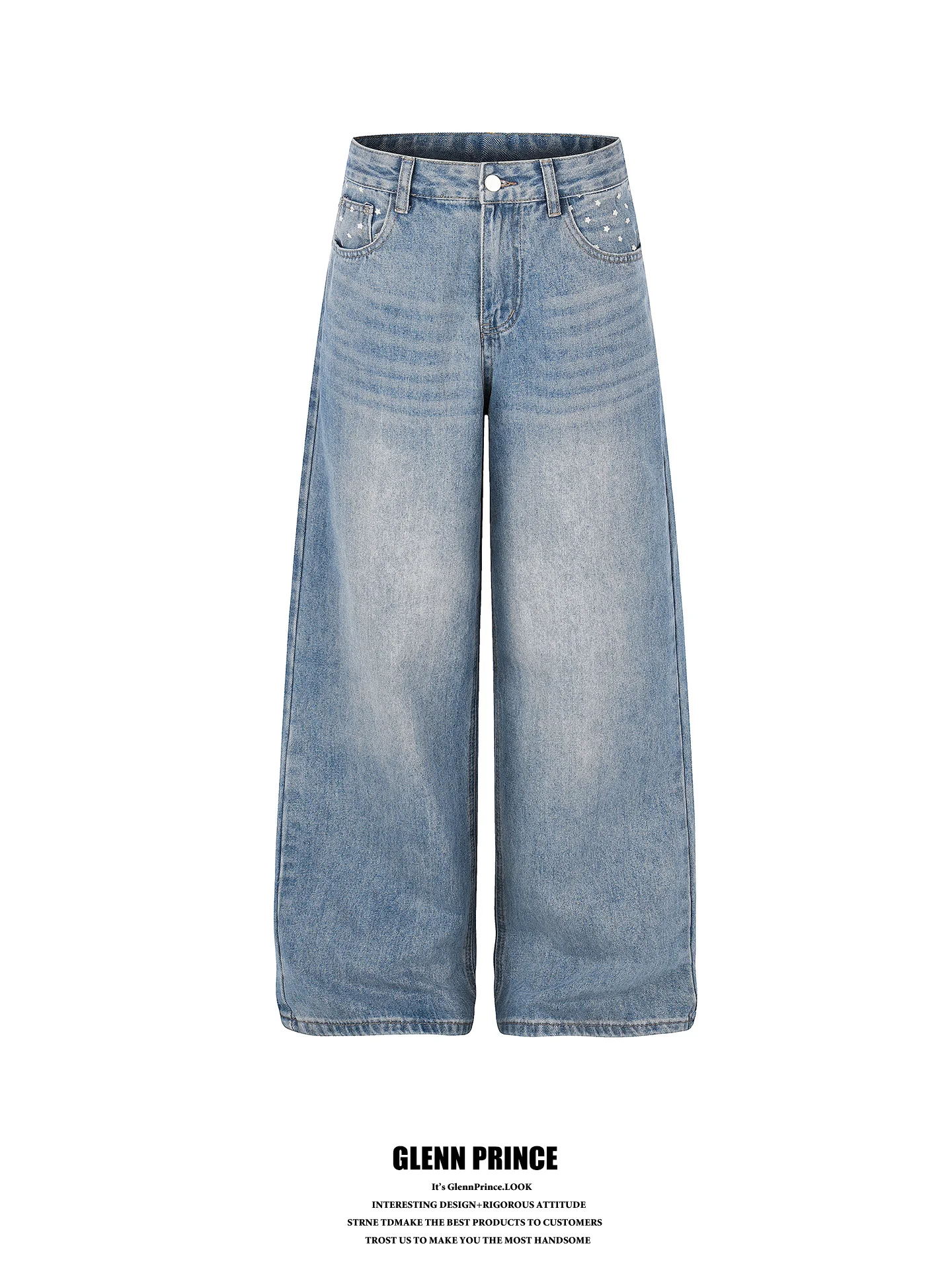

GPstudio Korean Style Star Pocket Washed Light Blue Straight Leg Men's Jeans Commute Design Versatile Long Pants
