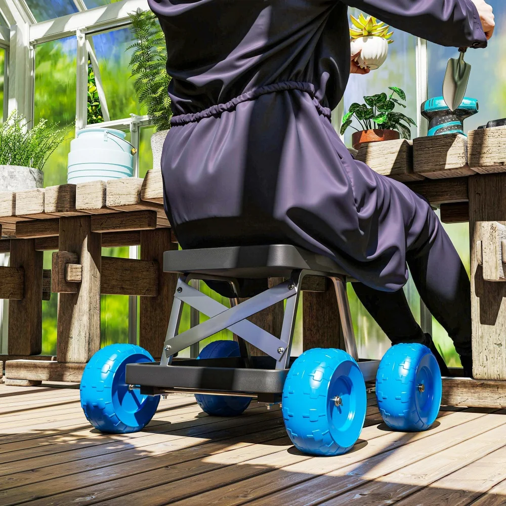 PINGGO Garden Cart with Wheels, Garden Stool Trolley with Tool Tray, Rolling Garden Seat for Weeding, Planting, Blue