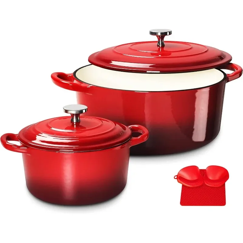 

2pcs Cast Iron Pot, 6QT & 1.5QT Enamel Cookware Pot, Red, Cast Iron Dutch Oven Set with Lids.