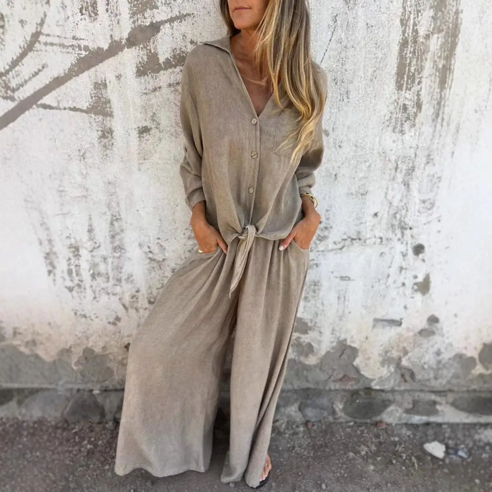 2026 Women's Cotton-Linen Blend Outfit Two Piece set Long Sleeve Lapel Button Down shirt Matching Wide Leg Pants Loungewear 80%