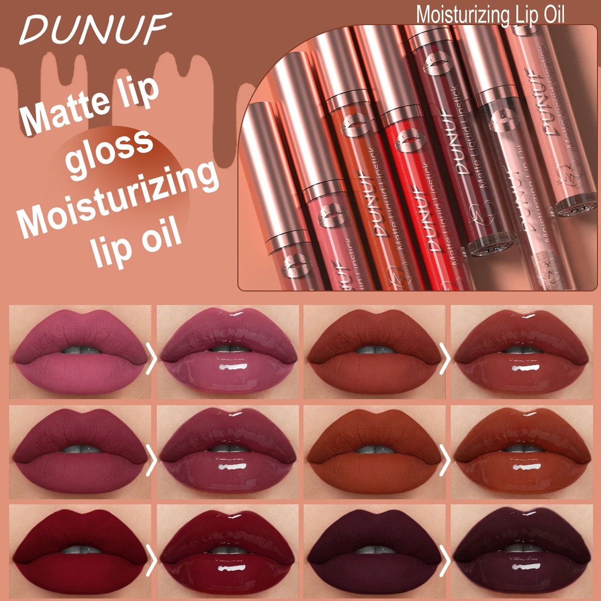 DUNUF 12 Pcs Matte Lipstick Lip Gloss Waterproof Long-lasting Easy Coloring Beginner Friendly Non-stick Cup Shape Non-fading Moi