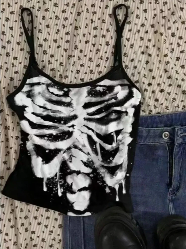 Subculture Punk Vintage Y2k Fake Two Piece Halter Tops Women Sexy Gothic American Retro Casual Chic Wrap Chest Tanks Black Tees — zdjęcie 5