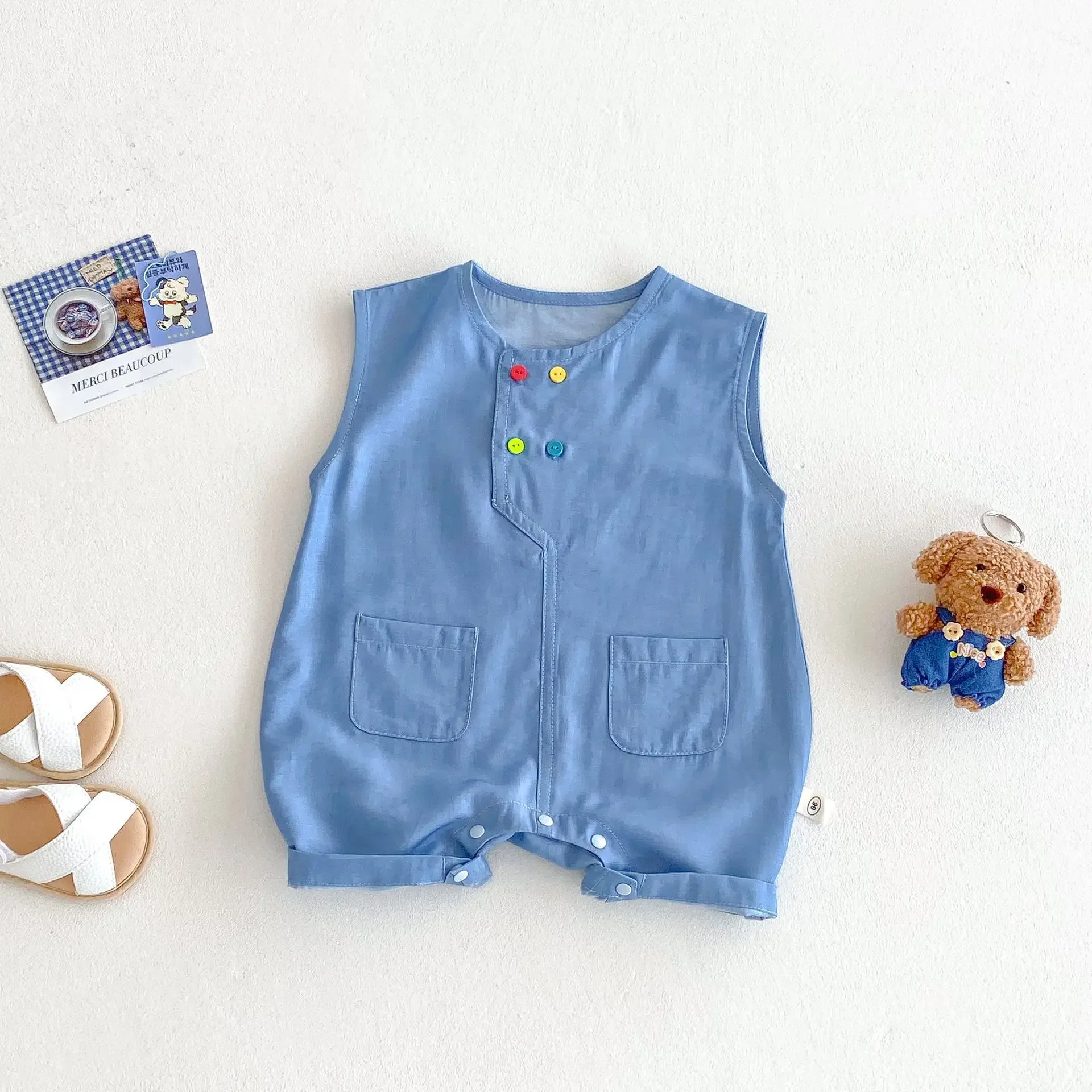 

2025 Baby Sleeveless Crawl Romper Summer Denim Blue Viscose Fabric Embroidery Cartoon Newborn Clothes