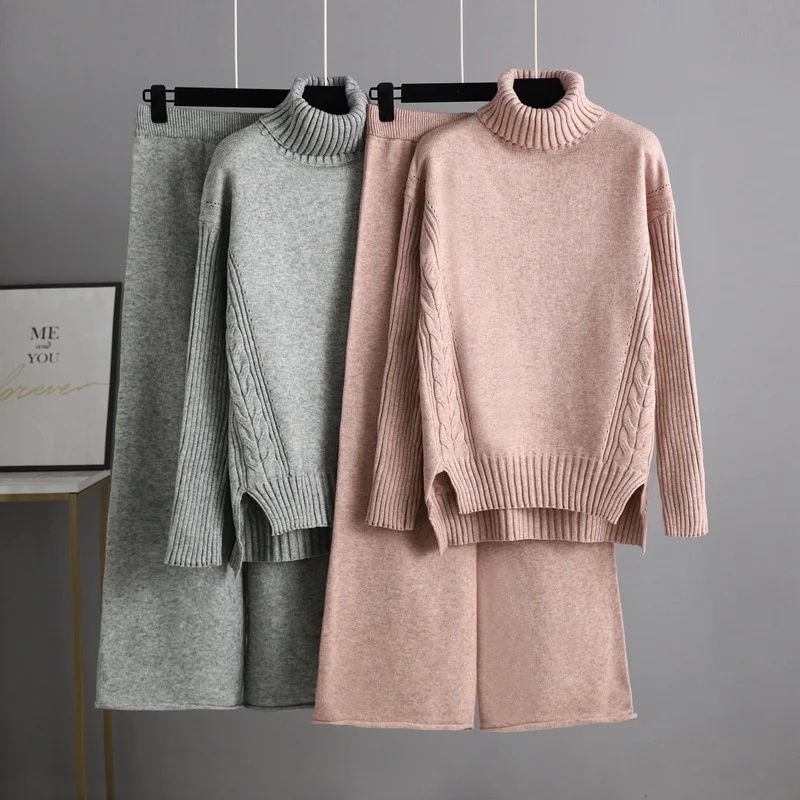 

Two Piece Set Winter Thick Women Suits Loose Turtleneck Twist Pullover Sweaters And Long Knitted Wide Leg Pants Sets Sportsuits