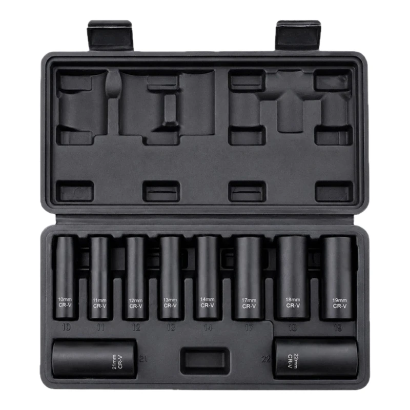 E7CD Deep Driver with Carry Case, 3/8in 10 10-22 mm Steel Set for Repair Work, Fastener Access, and Maintenance, Shop