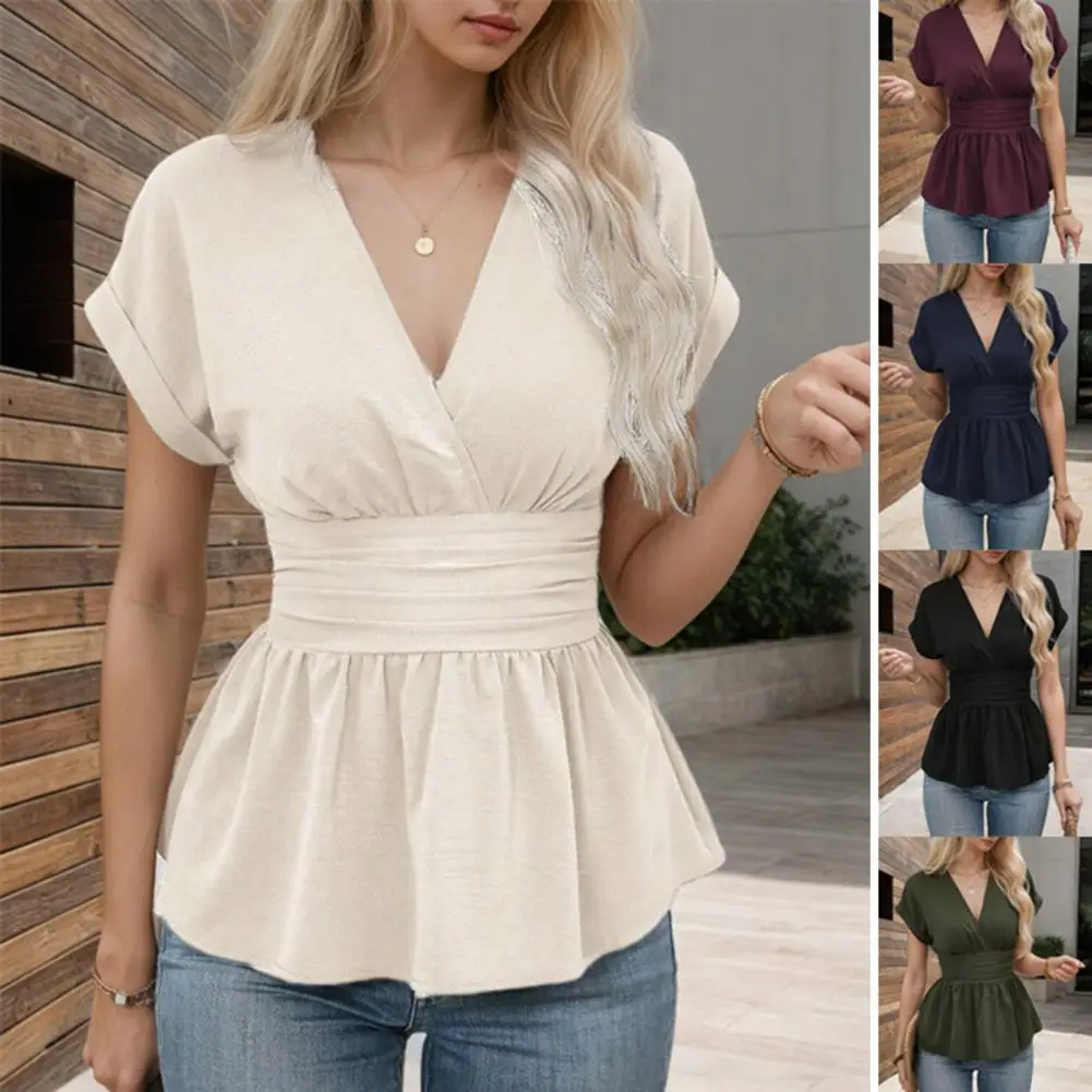 

Women Regular Fit Tops Stylish V-neck Raglan Sleeve Tops for Women with Pleated Hem Waist-hugging Fit Solid Color Wear Shirt