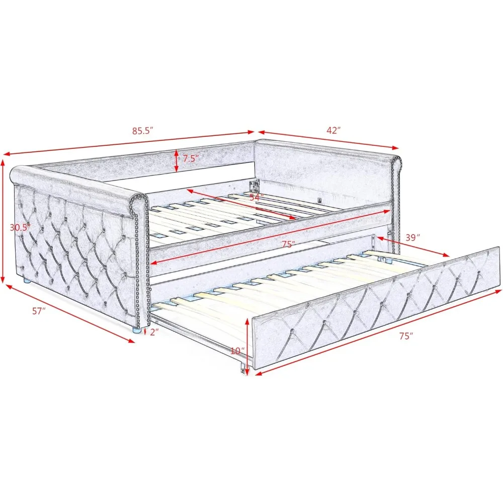 Upholstered Daybed with Trundle, Modern Velvet Full Size Button Tufted Daybed Frame Sofa Bed, No Box Spring Needed, Space Saving