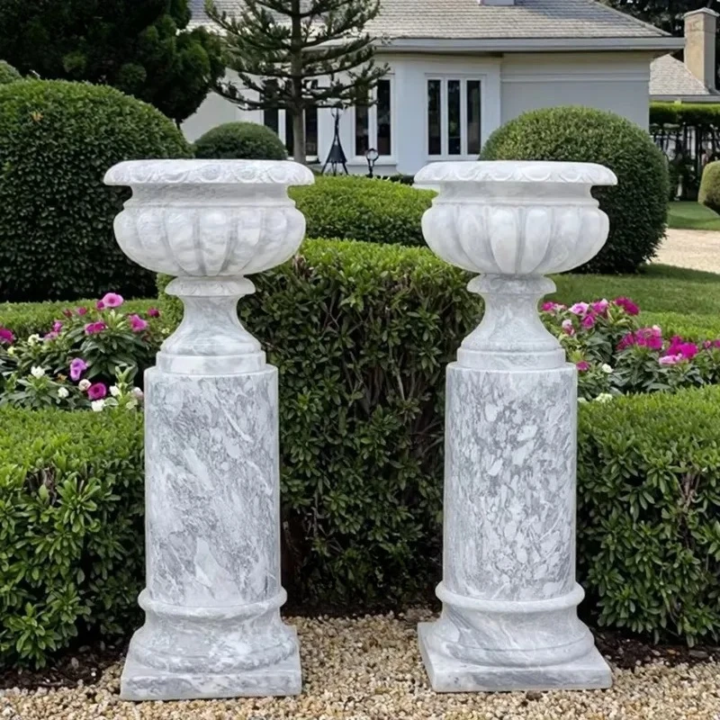 Outdoor Garden Carved Flower Pot Decorative Marble Planter for Sale