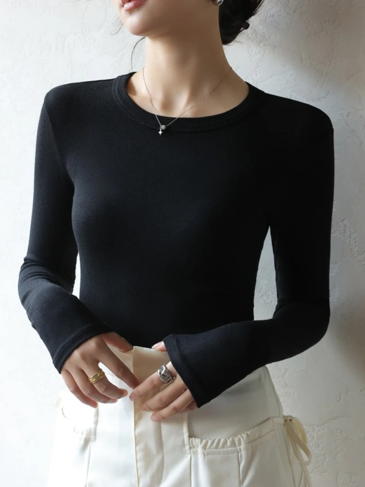 Autumn Winter Modal T-shirt Women's O-neck Fashion Korean Long Sleeve Bottoming Shirts Solid High Strecth Slim Fit Undershirt