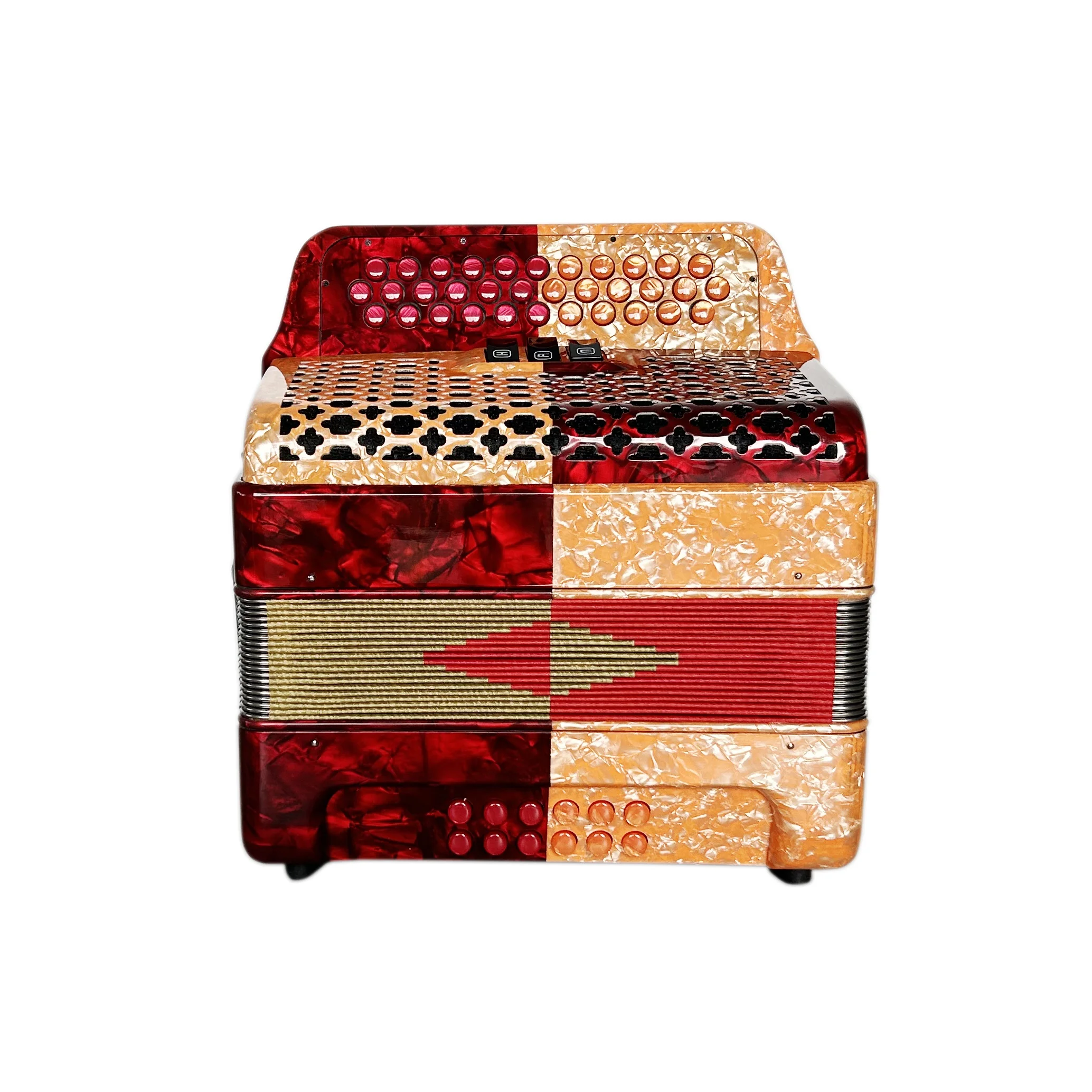 

Professional JB3412B Diatonic Accordion Instrument 34 Buttons 12 Bass 3 Registers Wood Red Orange Celluloid JB3412B