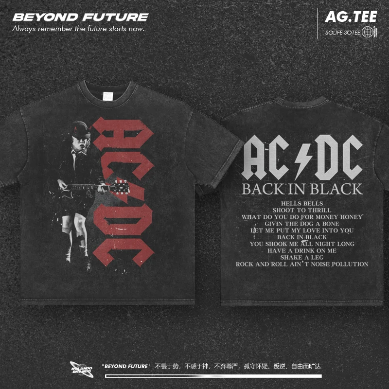 

2025 ACDC Rock Band American High Street Wash Made Old Retro Short-sleeved T-shirt High-quality Luxury Brand Selling Popular