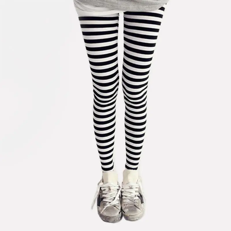 E15E Women Ankle Length Skinny Leggings Black White Horizontal Striped Pants Tights