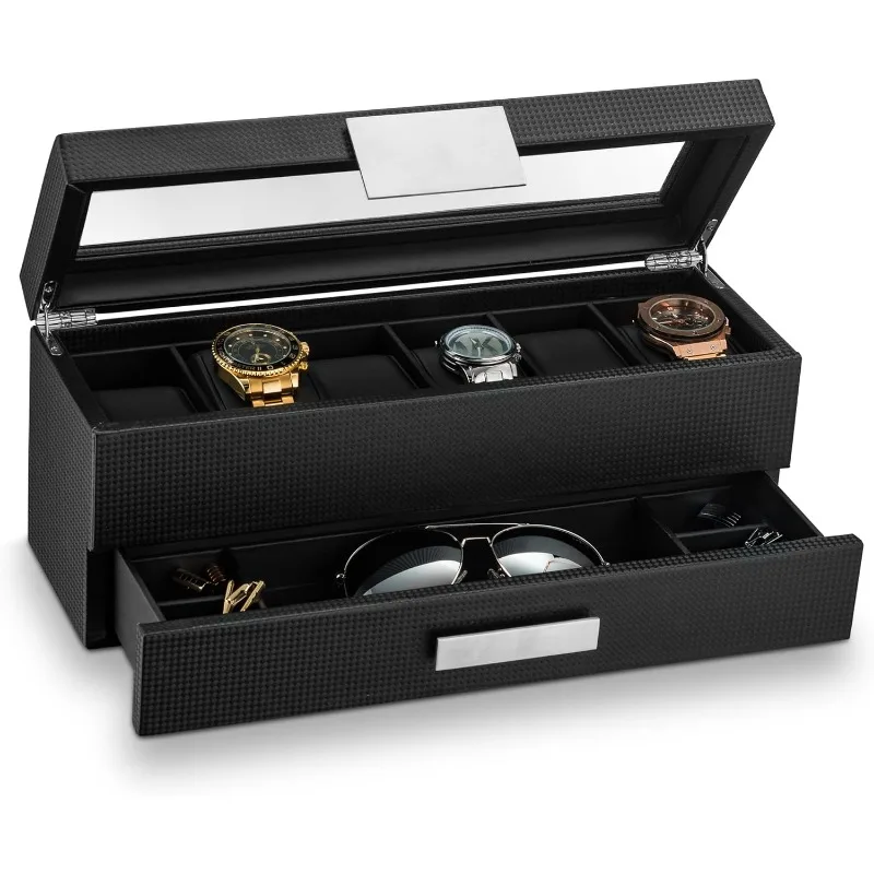 Watch Box with Valet Drawer for Men - 6 Slot Luxury Case Display Organizer, Carbon Fiber Design