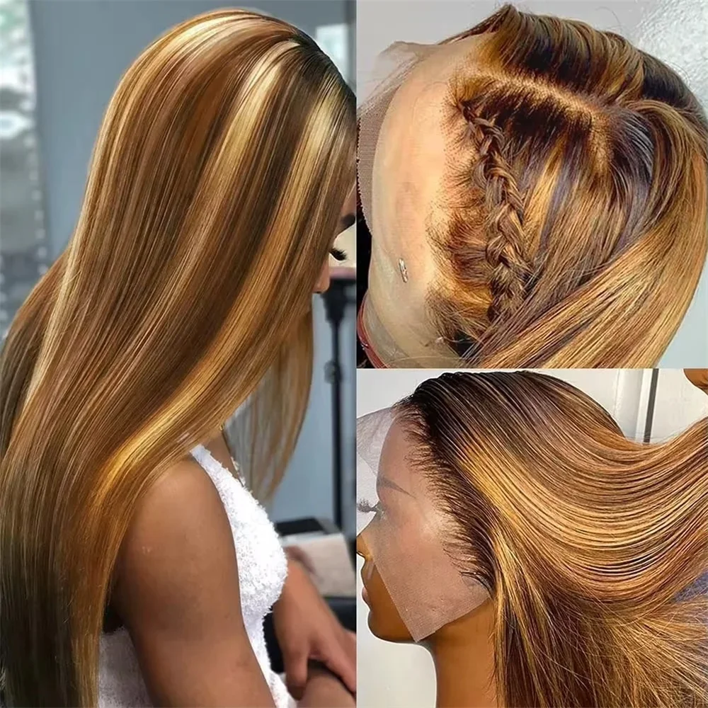 Highlight-Perücke, 13 x 6 Echthaar, honigblond, braun gefärbt, HD-Spitze-Front-Perücken für Frauen, vorgezupfte Knochen-gerade Spitze-Frontal-Perücke