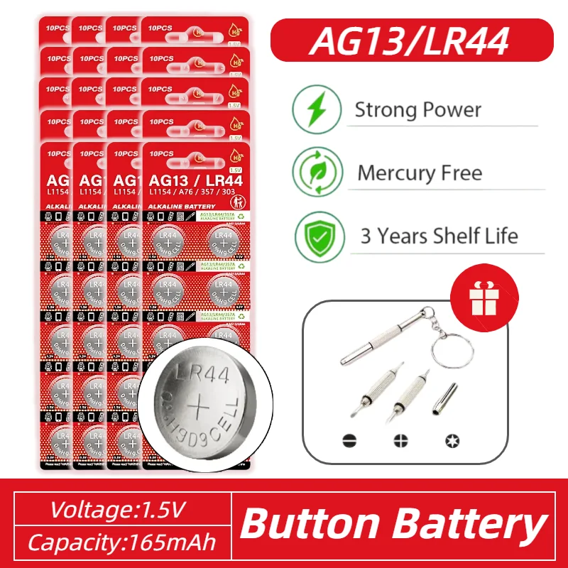 

AG13 LR44 Button Cell Battery 1.5V(10-Pack)Compatible with LR1154/SR44/A76/357/357A for Watches Calculators Toys Remote Controls