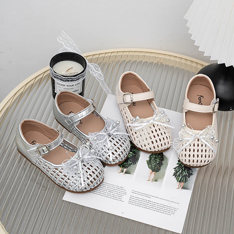 Girls Weave Mary Jane Shoes Breathable Children Flats Leather Shoes for Party Wedding Kids Pearls Princess Shoes with Lace Bow