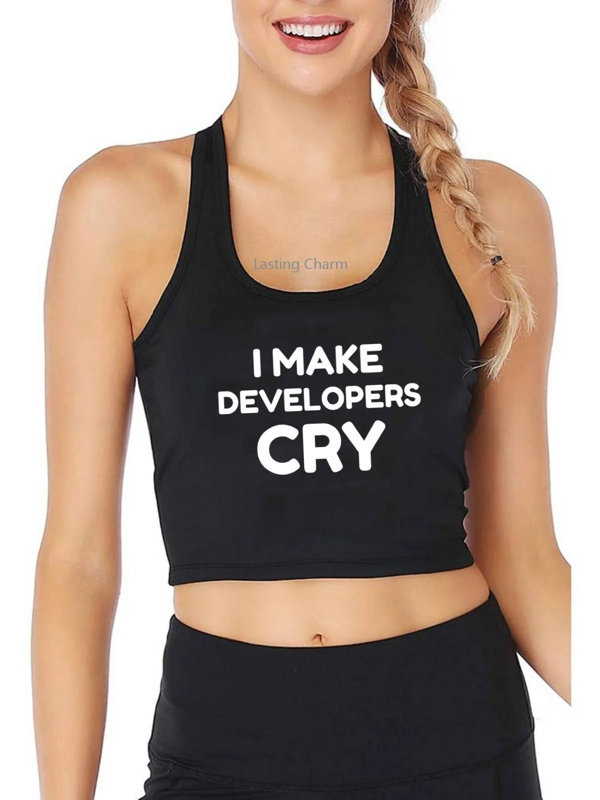 I Make Developers Cry Funny Inscription Print Crop Tank Women's Yoga Sports Workout Crop Top Gym Tops