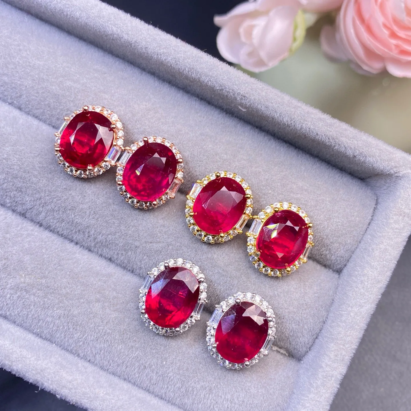 Heat-Treated Ruby Stud Earrings, Clean Crystals 8x10mm Main Stones 925 Silver Fine Setting, Elegant Gemstone Jewelry Gift
