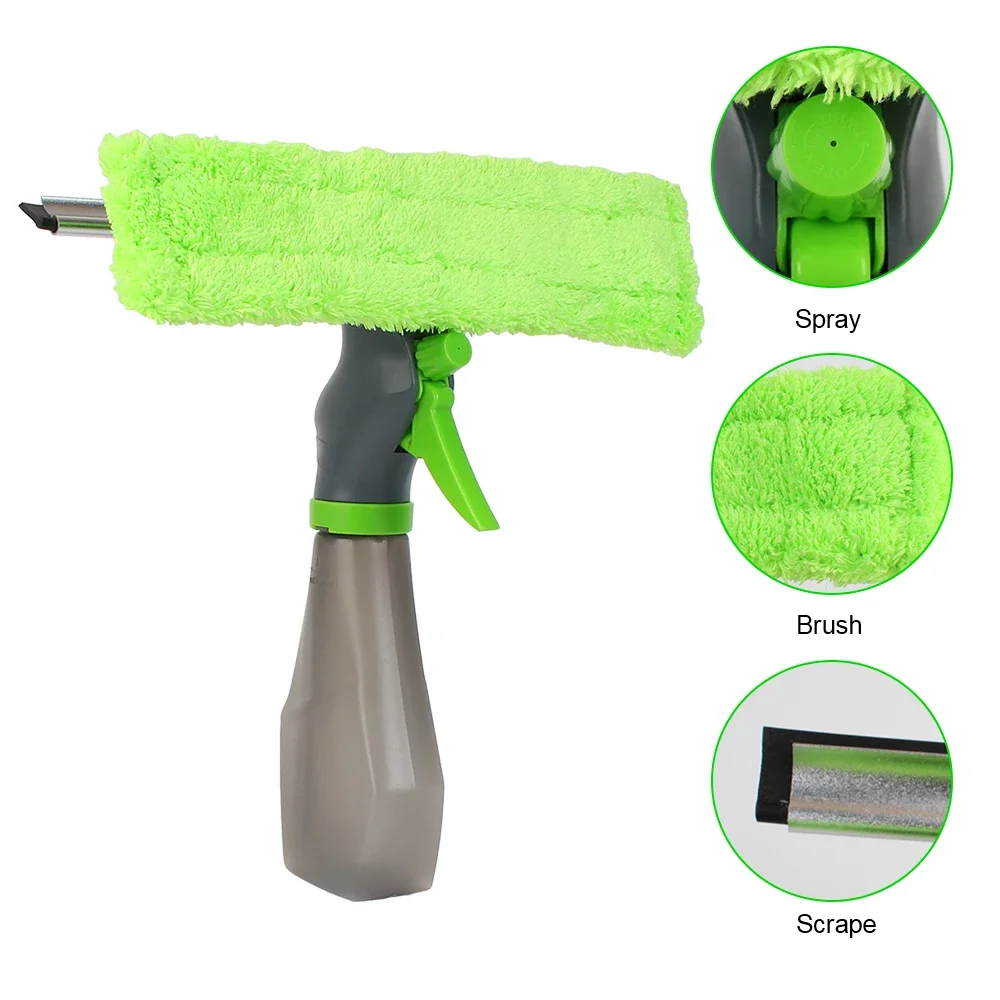 1set Spray Scraper Brush Water Spray Window Cleaner Glass Scraping Wiper Microfiber Cloth Pad Kit Household Cleaning Tool 3 in 1
