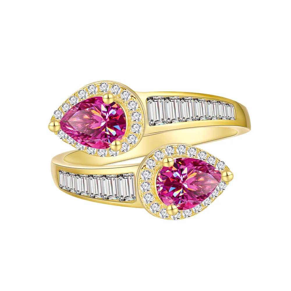 Butterflykiss S925 Silver Plated 14k Gold 1CT 5*8mm Pear Cut Waterdrop Pink Moissanite Engagement Wedding Diamond Ring For Women