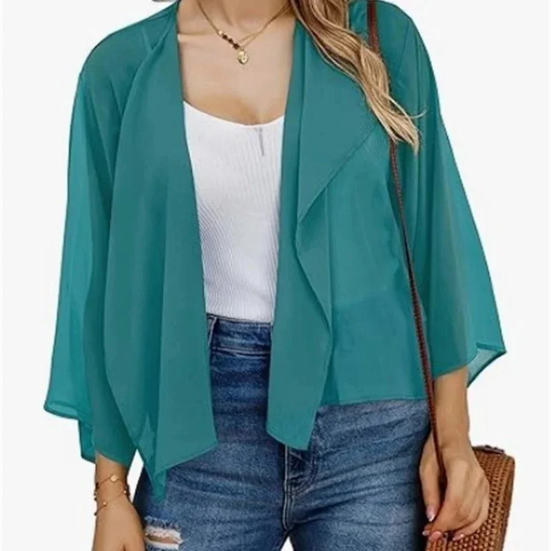 

Женский повседневный шифоновый кардиган с короткими рукавами-колокольчиками, драпированная однотонная летняя солнцезащитная блузка, туника, рубашка, верхняя одежда