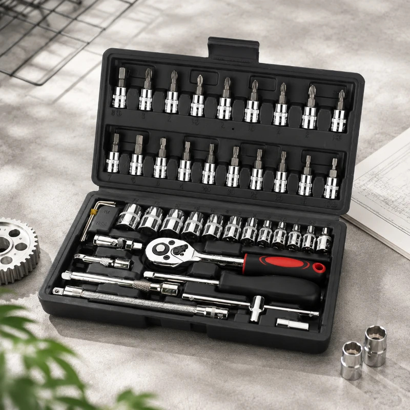 Professional 46 Pieces Socket Ratchet Wrench Kit, 1/4 Inch Drive with Bit Sockets, Metric & Extension Bars, Heavy Duty Auto