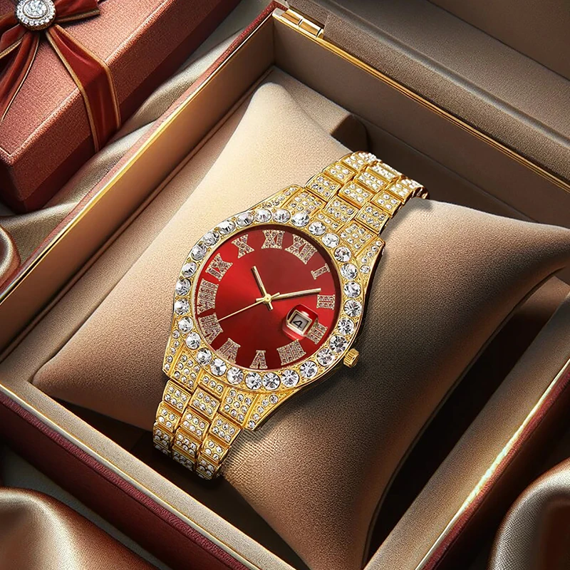 

Мужские роскошные и элегантные часы-календарь с красным циферблатом, бриллиантами, золотым ремешком и кварцевым механизмом.