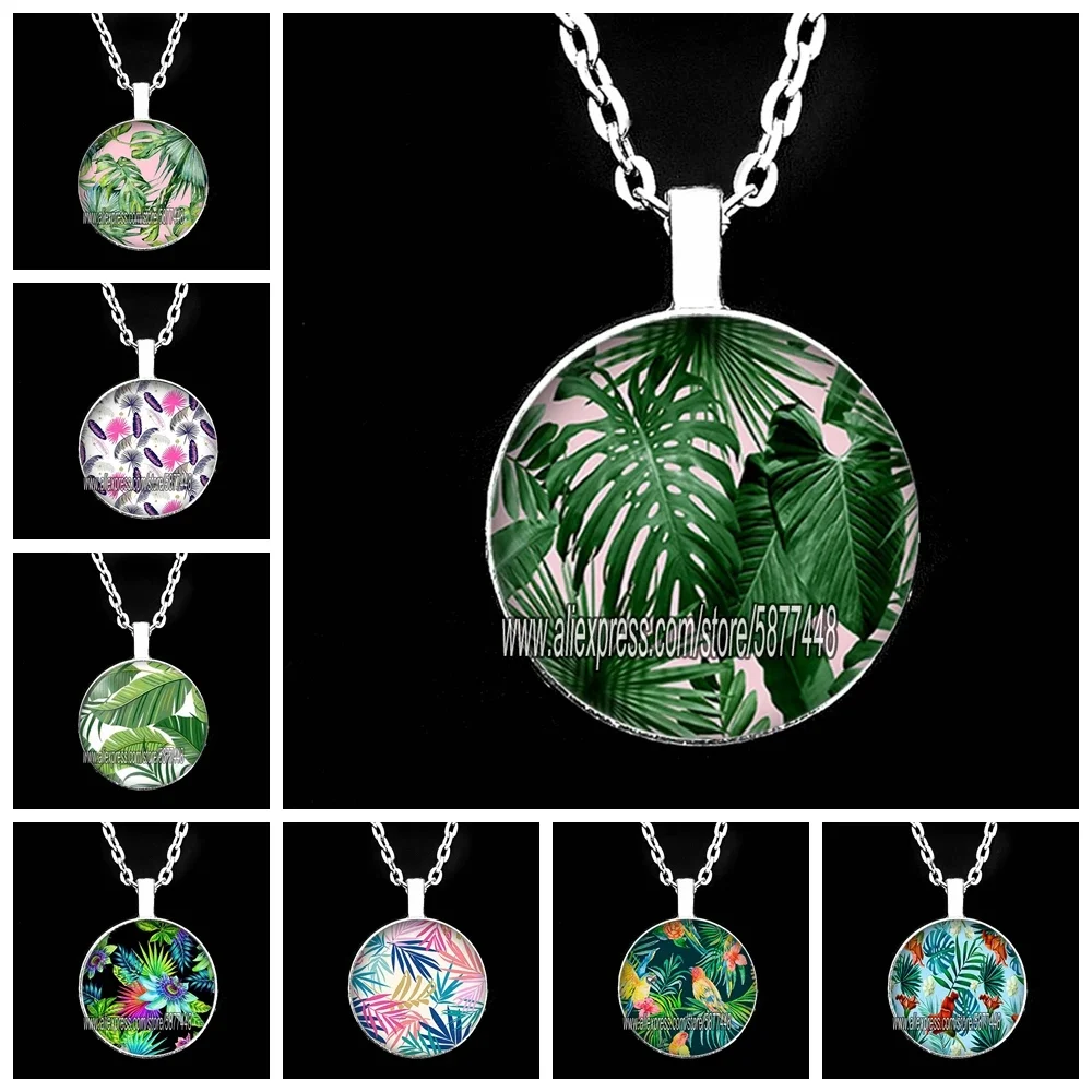 Green Tropical Leaves Pendent Necklace Tropical Green Plant Leaf Glass Cabochon Chain Necklace for Women