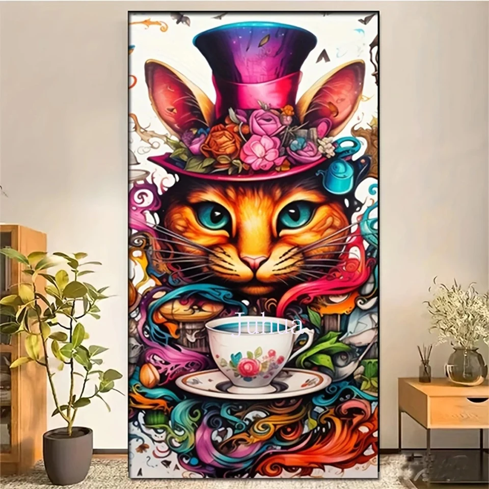 Cup Cat DIY 5D Diamond Painting Abstract Big Cat And Tea 5d Diamond Embroidery Mosaic Cartoon Art For Home Decor Top Gift