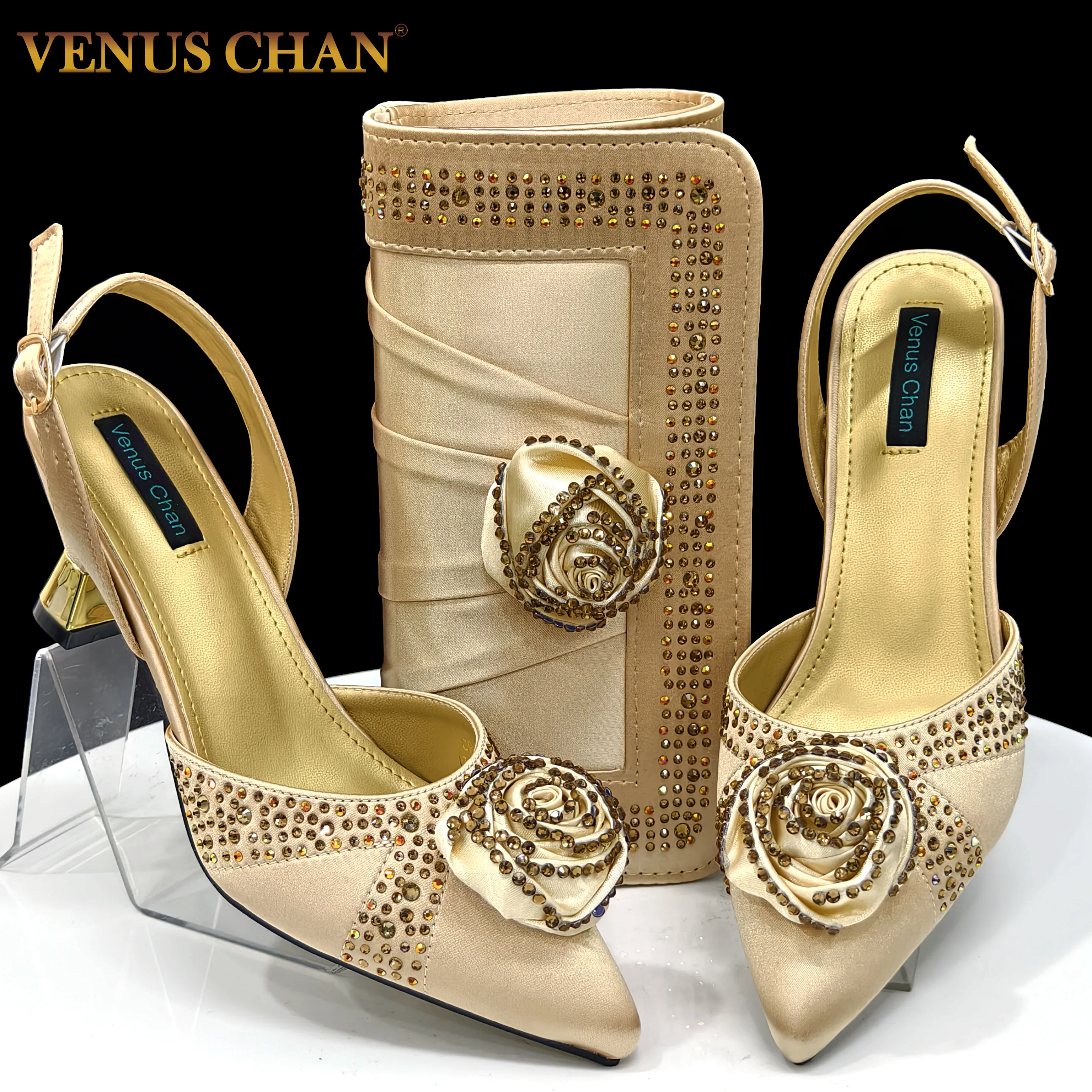 Venus Chan Shiny Gold Color Shoes and Bag Elegant Handbags and Medium Heel Shoes Beautiful Handmade Flowers for Wedding Party