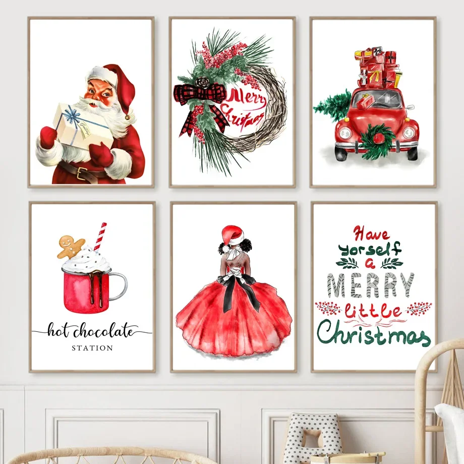 

Merry Christmas Boho Girls Santa Cartoon Wall Art Canvas Nordic Style Baby Room Home Decor Posters And Prints
