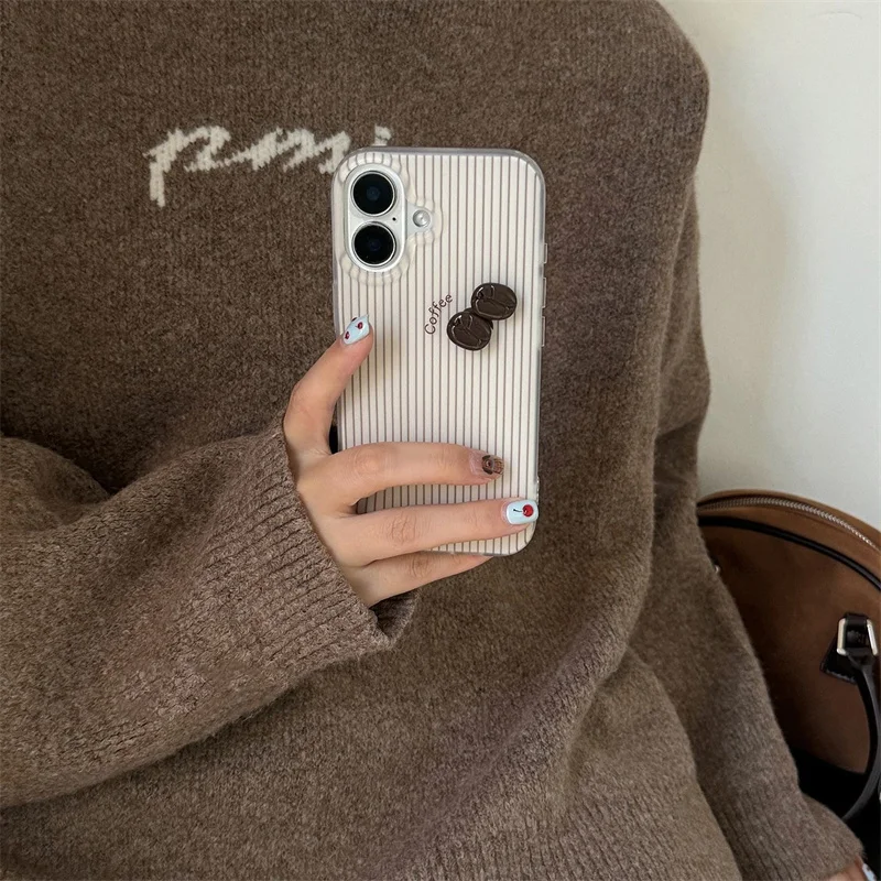 Kristallklare, transparente, weiß lackierte, gestreifte Handyhülle mit 3D-Kaffeebohnen für iPhone 11 12 13 14 15 16 17 18 Pro Max – Detail 2