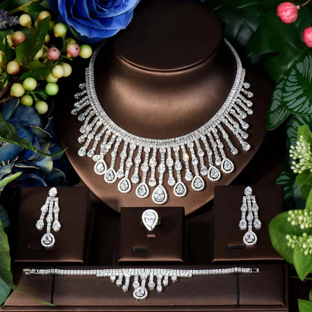 HIBRIDE جديد دفع ديلوكس شرابة كبيرة دمعة قلادة مجموعة مجوهرات الزفاف حفلة عطلة حفلة هدية نيجيريا اكسسوارات S-312 #2