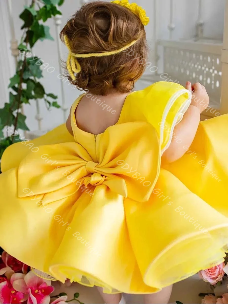 맞춤형 유아용 노란색 공주 드레스 러플 새틴 플라워 걸 드레스 웨딩 무릎 길이 어린이 생일 파티 볼 가운