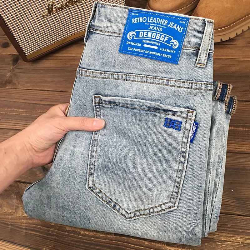 

High end light luxury retro light colored jeans for men's spring and summer 2025 new style slim fit small foot elastic pants