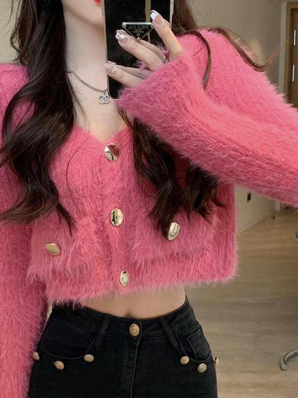 

Soft ort Long Sve Knitted Cardigan Women's Korean Version V-Ne Faux Mink Velvet Fluffy Sweater Jaet Top