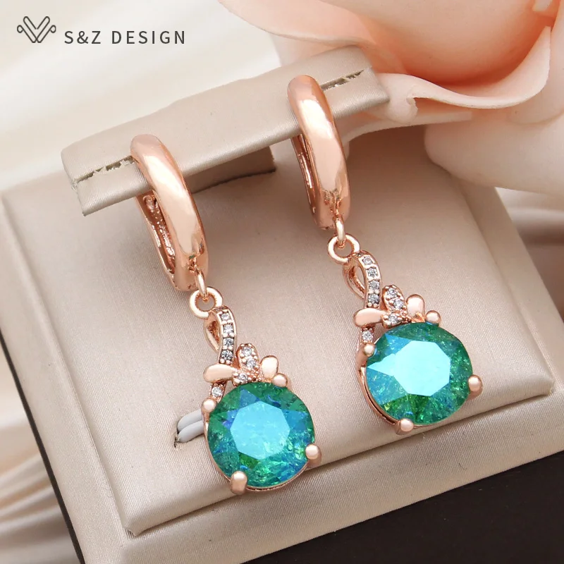 S&Z DESIGN New Fashion Round Crystal Dangle Earrings For Women 585 Rose Gold Color Cubic Zirconia Wedding Party Jewelry Gift