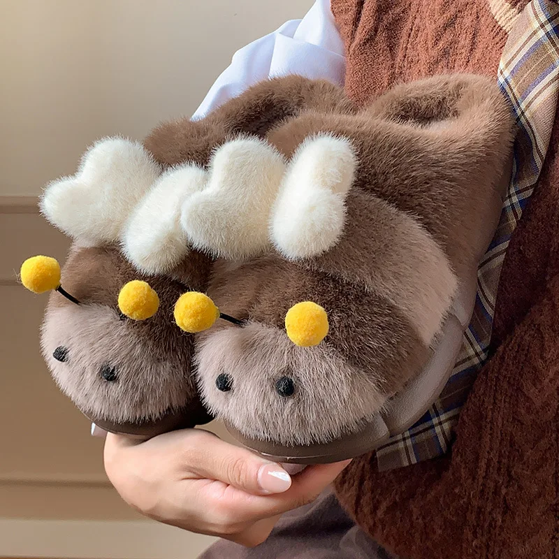 

Little Bee Cotton Slippers Women Plush Home Sole Winter Indoor Outdoor Non-Slip Warm Home Slippers